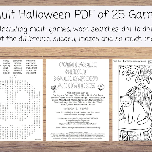 Halloween Adult Activities, Halloween Adult Games, Crossword, Hidden Image, Mazes, Spot the Difference, Sudoku, Word Search, Word Scramble