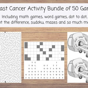 May include: A bundle of 50 breast cancer activity games, including math, word, and dot-to-dot games, plus mazes and Sudoku. The image shows a maze, a crossword puzzle, and a word search, along with illustrations of medical imaging.