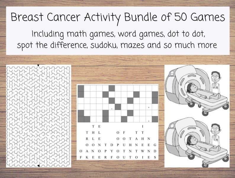 May include: A bundle of 50 breast cancer activity games, including math, word, and dot-to-dot games, plus mazes and Sudoku. The image shows a maze, a crossword puzzle, and a word search, along with illustrations of medical imaging.