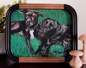 Retrato de mascota personalizado / Dibujado a mano con marco de madera reciclada