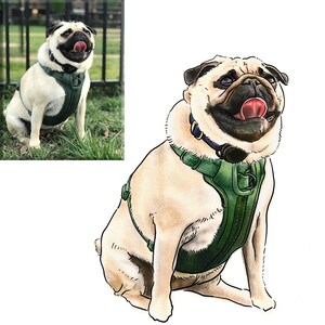 Puede incluir: Una ilustraci&oacute;n de dibujos animados de un perro pug con un arn&eacute;s verde y un collar azul. El pug est&aacute; sentado con la lengua fuera y la cabeza inclinada hacia arriba.