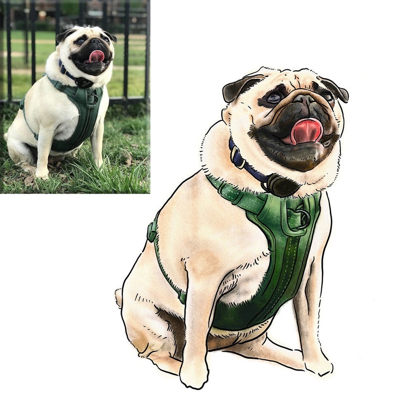 Puede incluir: Una ilustraci&oacute;n de dibujos animados de un perro pug con un arn&eacute;s verde y un collar azul. El pug est&aacute; sentado con la lengua fuera y la cabeza inclinada hacia arriba.