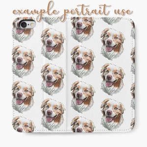 Puede incluir: Funda de tel&eacute;fono blanca con un patr&oacute;n repetido de caras de perros pastores australianos. Los perros son marrones, blancos y negros con ojos azules.