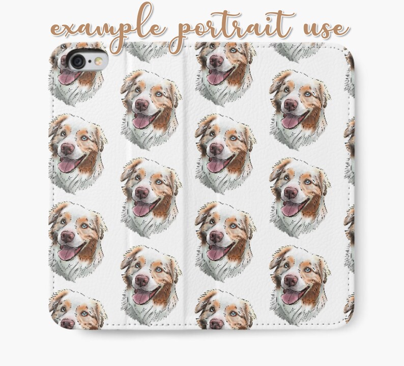 Puede incluir: Funda de tel&eacute;fono blanca con un patr&oacute;n repetido de caras de perros pastores australianos. Los perros son marrones, blancos y negros con ojos azules.