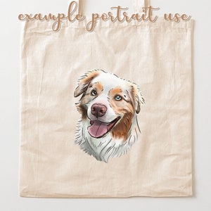 Puede incluir: Una bolsa de tela beige con una ilustraci&oacute;n dibujada a mano de un perro pastor australiano blanco y marr&oacute;n con ojos azules. El perro sonr&iacute;e con la lengua fuera.