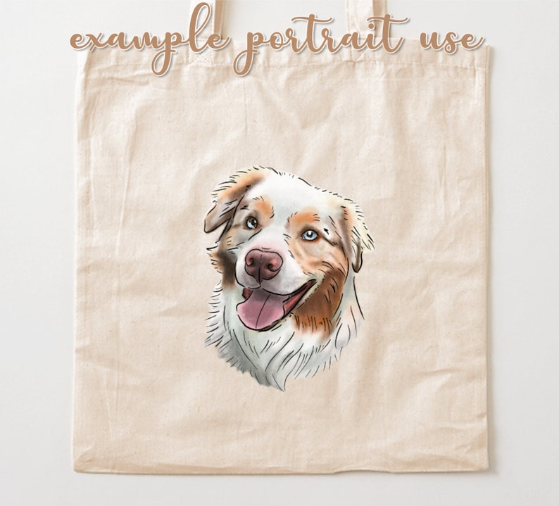 Puede incluir: Una bolsa de tela beige con una ilustraci&oacute;n dibujada a mano de un perro pastor australiano blanco y marr&oacute;n con ojos azules. El perro sonr&iacute;e con la lengua fuera.