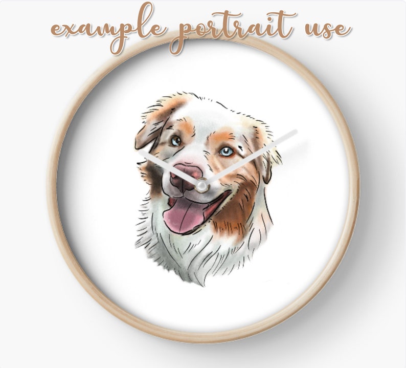 Puede incluir: Una ilustraci&oacute;n de acuarela de un perro pastor australiano con pelaje marr&oacute;n, blanco y tostado. El perro est&aacute; sonriendo con la lengua fuera. La ilustraci&oacute;n est&aacute; sobre un fondo blanco.