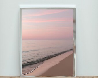 Fotografía de cielo rosa al amanecer, decoración de playa de verano, arte mural de playa imprimible, póster de olas y arena, impresión de olas oceánicas, decoración de pared al atardecer