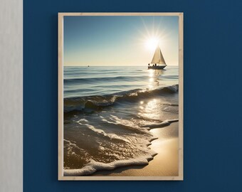 Lámina de vela imprimible, decoración náutica, arte mural de casa de playa, fotografía de velero, póster de olas y arena, impresión costera, póster de olas oceánicas
