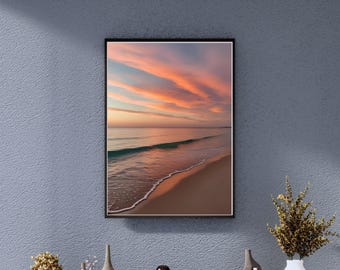 Fotografía de amanecer en el océano, naranja y azul, decoración de playa de verano, arte de pared de playa imprimible, póster de olas y arena, impresión de pared de olas oceánicas al atardecer