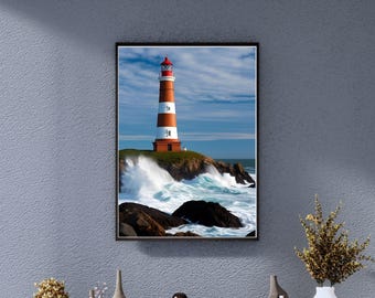Impresión náutica de océano azul, arte mural fotográfico de faro rojo, decoración de cabaña con olas costeras, póster de olas oceánicas, decoración imprimible para casa de playa