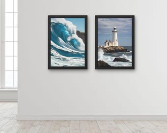 Coastal Waves Cottage Decor Set of 2, Nautical Print, Ocean Wave Poster, Printable Beach House Wall Decor, White Lighthouse Photography