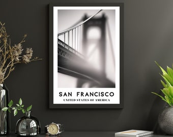 Fotografía en blanco y negro del puente de San Francisco, póster turístico del puente Golden Gate, póster turístico de San Francisco, póster urbano para decoración del hogar.