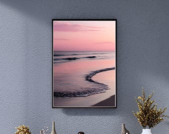 Fotografía de amanecer en el océano rosa, decoración de playa de verano, arte mural de playa imprimible, póster de olas y arena, impresión de olas oceánicas, arte mural de atardecer