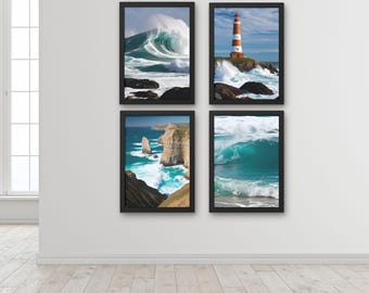 Blue Ocean Nautical Wave Photography Set of 4, Ocean Cliff Print, Red Lighthouse Wall Art, Beach House Decor, Coastal Waves Cottage Poster