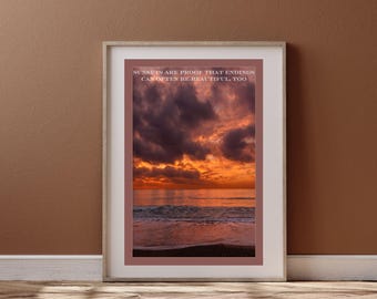 Cita motivacional, póster inspirador, afirmaciones positivas diarias, decoración de sala de yoga, decoración del dormitorio, fotografía de playa con cielo rojo y atardecer