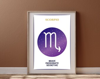 Impresión de pared del signo zodiacal Escorpio, datos del zodiaco, arte astrológico, signo de Escorpio, decoración de pared astrológica, póster imprimible del signo zodiacal Escorpio