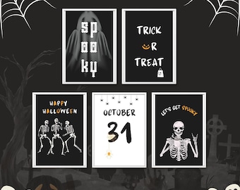 Halloween Decor Set of 5, Spooky Season Decor, Halloween Art Prints, Halloween Decoration, Skeleton Print, Halloween Poster, Spooky Wall Art