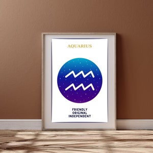 Aquarius Zodiac Sign Wall Print Set, Zodiac Facts, Astrology Art, Aquarius Sign, Astrology Wall Decor, Aquarius Zodiac Art Printable Poster
