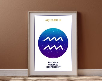 Láminas de pared del signo zodiacal Acuario, datos del zodiaco, arte astrológico, signo de Acuario, decoración de pared astrológica, póster imprimible del signo zodiacal Acuario