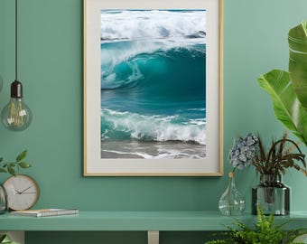 Impresión de océano azul, arte mural de casa de playa, impresión digital de vida costera, fotografía de olas grandes, póster de olas y arena, fotografía de olas del océano
