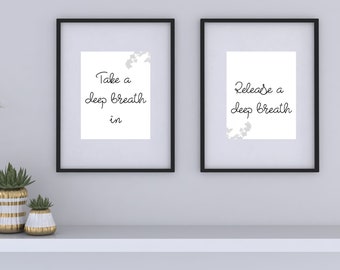 Yoga set van 2 prints, yoga muur decor, inademen uitademen afdrukbare muurkunst, meditatie muur decor, slaapkamer afdrukbare citaten, boho woondecoratie
