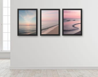 Sunrise Pink Ocean Wave Photography Set of 3, Summer Beach Home Decor, Printable Beach Wall Art, Wave And Sand Poster, Sunset Wall Art