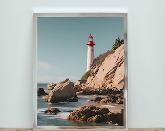 Arte mural con fotografía de faro, decoración de cabaña con olas costeras, impresión náutica azul del océano, póster de olas oceánicas, decoración imprimible para casa de playa