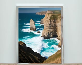 Fotografía de acantilados y rocas oceánicas, impresión náutica azul del océano, impresión digital de vida costera, póster de olas oceánicas, decoración imprimible para casa de playa