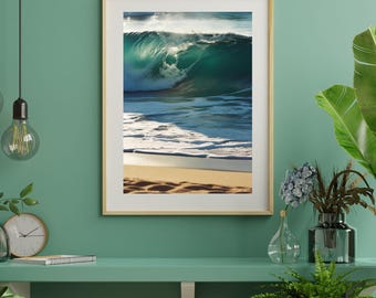 Decoración de cabaña de playa de verano, impresión de océano azul, fotografía de olas grandes, arte mural de playa imprimible, póster de olas y arena, fotografía de olas del océano