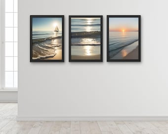 Coastal Cottage Decor Set of 3, Summer Beach Printable Wall Art,  Wave And Sand Poster, Ocean Wave Photography Print