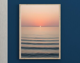 Fotografía de amanecer en el océano, rosa y naranja, decoración de playa de verano, arte de pared de playa imprimible, póster de olas y arena, impresión de olas del océano, arte del atardecer