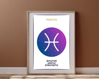Impresión de pared del signo zodiacal Piscis, datos del zodiaco, arte astrológico, signo de Piscis, decoración de pared astrológica, póster imprimible del signo zodiacal de Piscis
