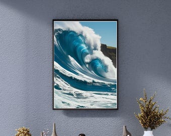 Impresión de océano azul, arte mural de casa de playa, impresión digital de vida costera, fotografía de olas grandes, póster de olas y rocas, fotografía de olas del océano