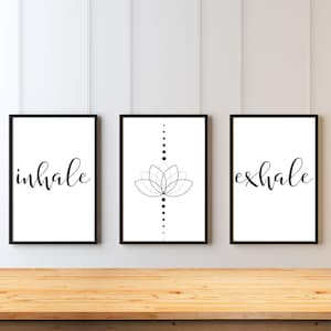 Yoga Set of 3 Prints, Inhale Exhale Printable Wall Art, Meditation Prints, Yoga Poster, Lotus Flower Wall Decor, Bedroom Decor, Home Decor