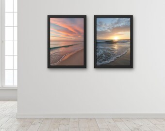Sunrise Ocean Wave Photography Set of 2, Summer Beach Home Decor, Printable Beach Wall Art, Sunset Wave and Sand Poster