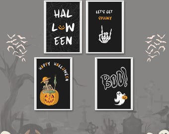 Halloween Decor Set of 4, Happy Halloween, Spooky Decor, Halloween Home Decoration, Skeleton Poster, Spooky Wall Art, Halloween Art Prints