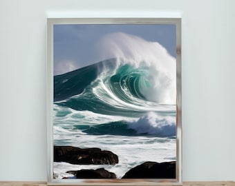 Impresión de océano azul, arte mural de casa de playa, impresión digital de vida costera, fotografía de olas grandes, póster de olas y rocas, fotografía de olas del océano