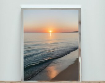 Póster de olas y arena, fotografía del amanecer en el océano, decoración de playa de verano, arte de pared de playa imprimible, impresión de olas del océano, decoración de pared de atardecer