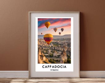 Fotografía de viajes a Capadocia, póster de viaje a Capadocia, Turquía, diseño de pared con globos aerostáticos de Capadocia, impresión artística de pared con paisajes de Capadocia