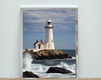 Fotografía artística de faro blanco, impresión náutica de océano azul, decoración de cabaña con olas costeras, póster de olas oceánicas, decoración imprimible para casa de playa