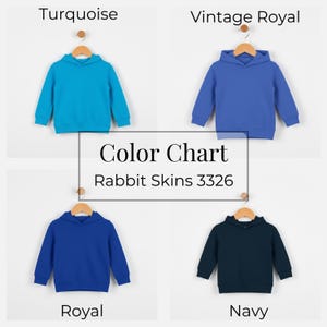 May include: A color chart displays four children's hoodies in turquoise, vintage royal, royal, and navy. The hoodies are hanging on wooden hangers against a white background. The text "Color Chart Rabbit Skins 3326" is in the center.