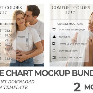 May include: A mockup bundle with two images. One shows a size chart with measurements in inches for t-shirts, and the other displays care instructions. The text "Comfort Colors 1717" is at the top.