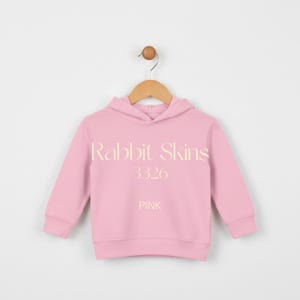 May include: A light pink hooded sweatshirt with the text "Rabbit Skins 3326 PINK" in a cream color. The sweatshirt is hanging on a wooden hanger with a metal hook.