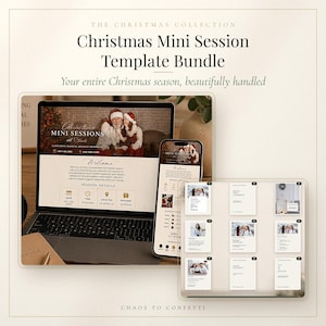 Könnte beinhalten: Ein digitales Vorlagenpaket für Weihnachts-Mini-Sessions, dargestellt auf einem Laptop-Bildschirm, einem Smartphone und einem Raster aus neun quadratischen Karten. Der Text lautet The Christmas Collection, Christmas Mini Session Template Bundle und Chaos to Confetti.