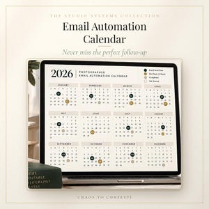 May include: A digital 2026 Photographer Email Automation Calendar displayed on a laptop screen. The calendar features a monthly grid with colour-coded dots indicating email send dates, due soon status, completed tasks, and not started items.