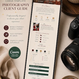 Op de afbeelding: Een digitale fotografie klantgids-sjabloon weergegeven op een smartphonescherm, met een kerstthema inclusief de Kerstman, sessiedetails, een tijdlijn, kleurenpalet en veelgestelde vragen in een mobielvriendelijk scrollformaat.
