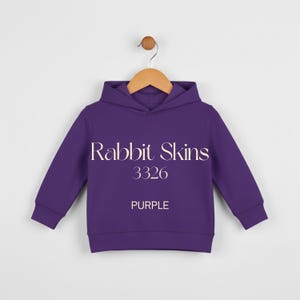 May include: A purple hooded sweatshirt with the text "Rabbit Skins 3326 PURPLE" in a stylized font. The sweatshirt is hanging on a wooden hanger against a white background. The garment has long sleeves and a kangaroo pocket.
