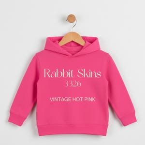 May include: A bright pink hooded sweatshirt with the text "Rabbit Skins 3326 VINTAGE HOT PINK" in white. The sweatshirt is hanging on a wooden hanger against a white background.