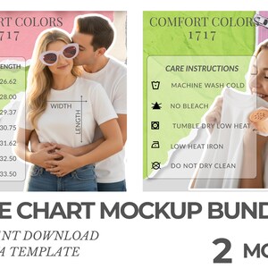 May include: A mockup bundle with two images. One image shows a couple wearing white t-shirts, with a size chart listing width and length in inches. The other image shows care instructions for the t-shirts. Text includes "Comfort Colors 1717" and "Size Chart Mockup Bundle".